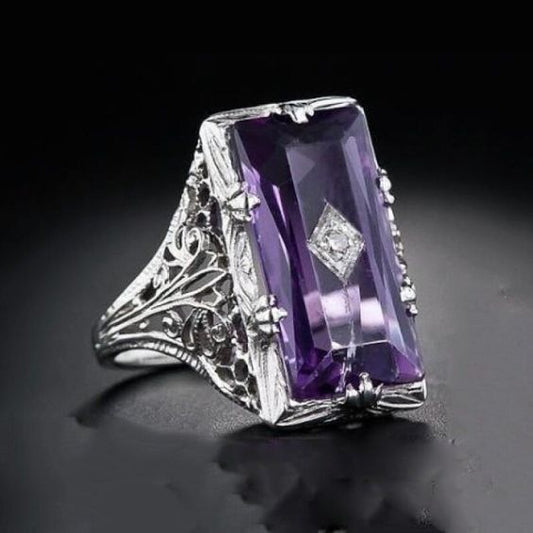 Rectangular Purple Glass Silver Ring