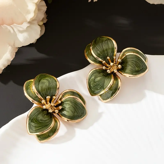 Green Handpainted Flower Earrings