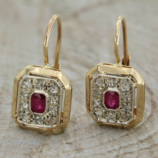 Golden Square Red Zirconia Earrings