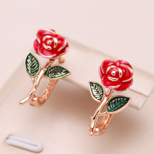 Hand Painted Roses in Gold Earrings