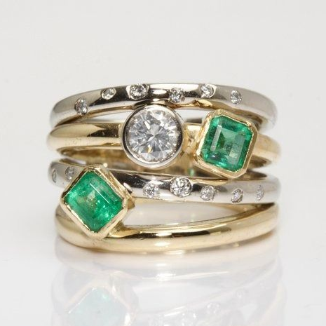 Layered Silver & Gold Green Crystal Ring