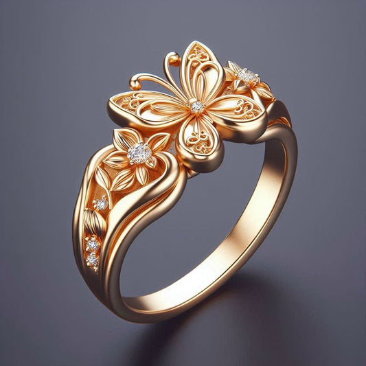 Exotic Gold Floral Butterfly Ring