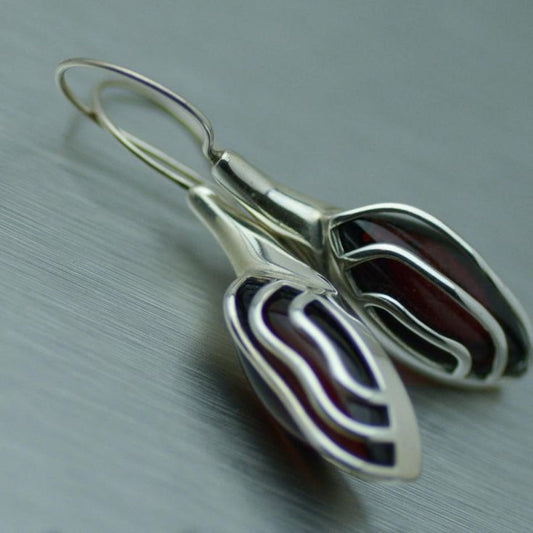 Dark Red Stone Silver Earrings