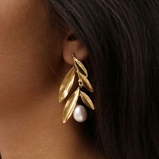 Golden Leaf Pearl Earrings