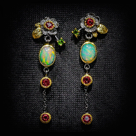 Earrings With Opal and Red Zirconia