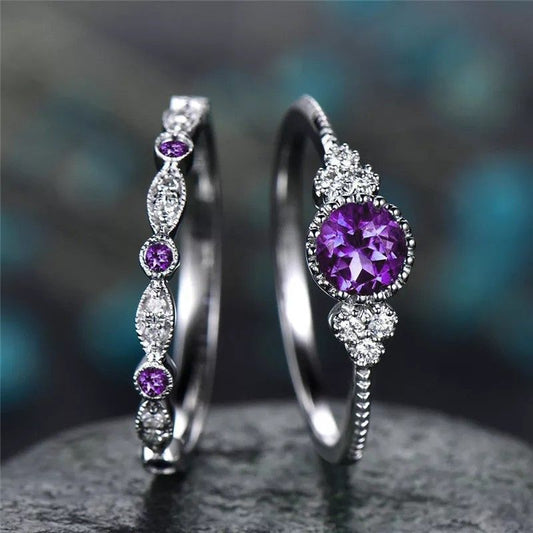 Purple Inlaid Crystal Silver Ring Set
