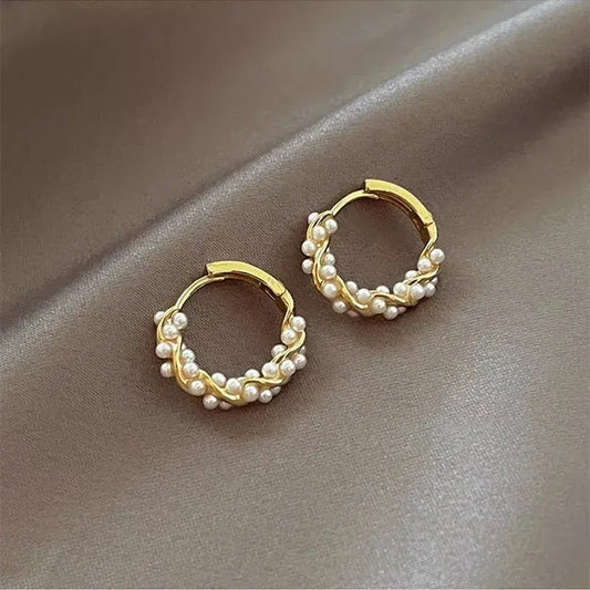 Round Pearl Earrings With Inlays