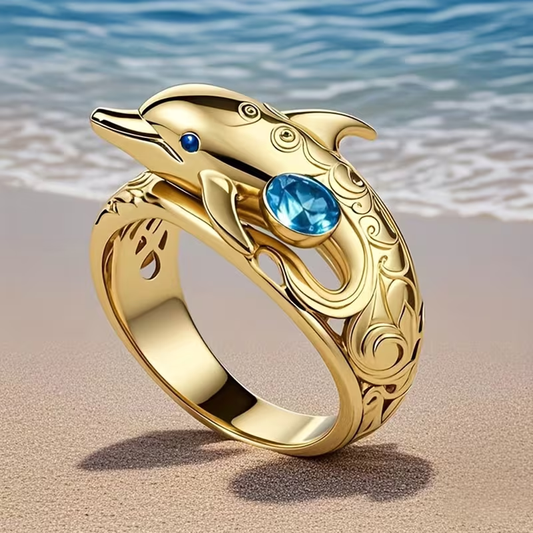 Gold Dolphin Blue Crystal Ring