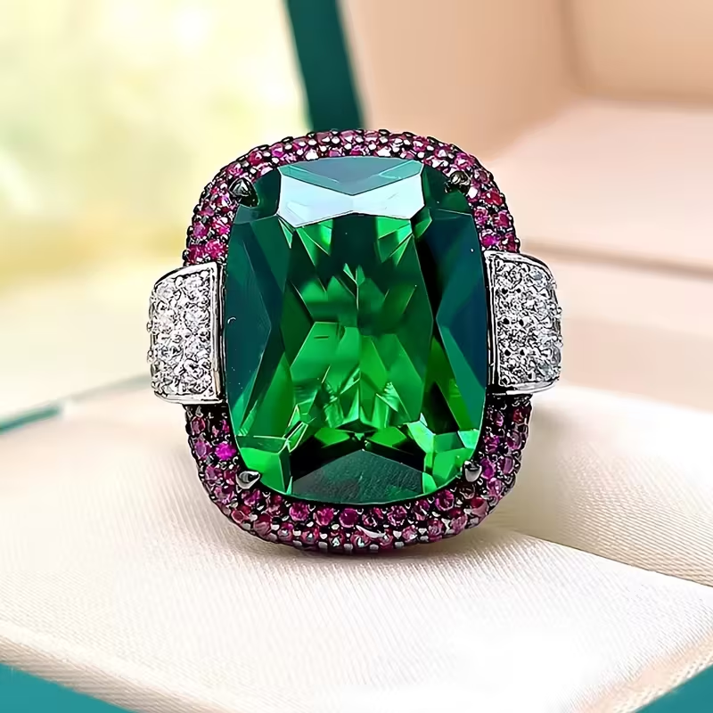 Green & Violet Glass Silver Ring