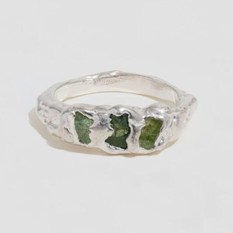 Green Inlaid Stone Forged Ring Set
