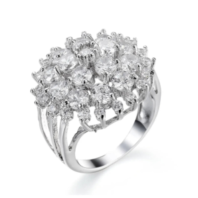 Vintage Flower Zirconia Layered Silver Ring